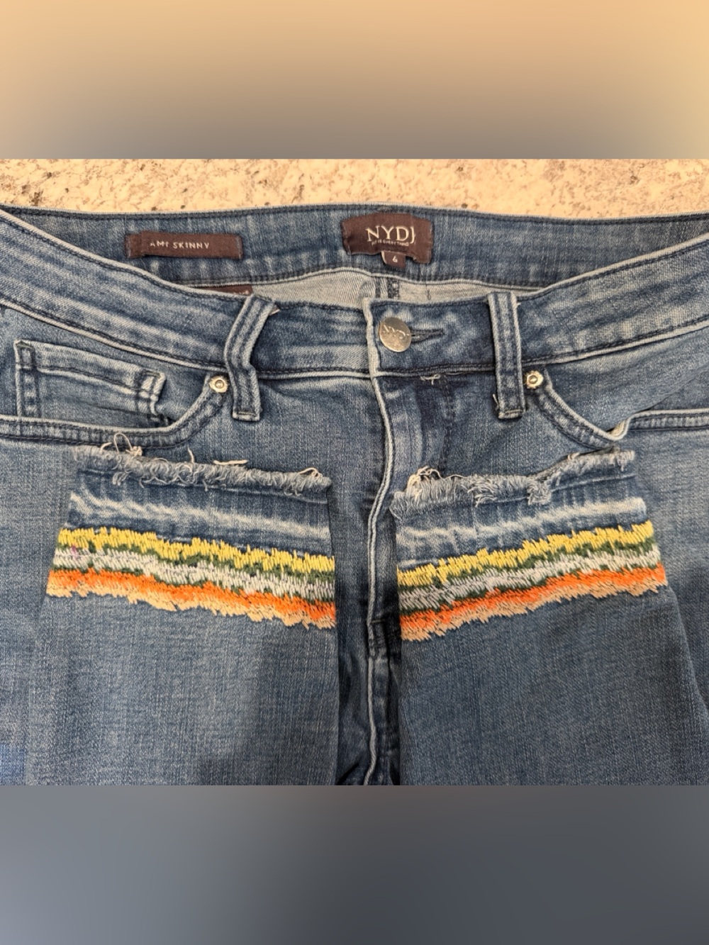 NYDJ Blue Skinny Jeans with Rainbow Hem Embroidery